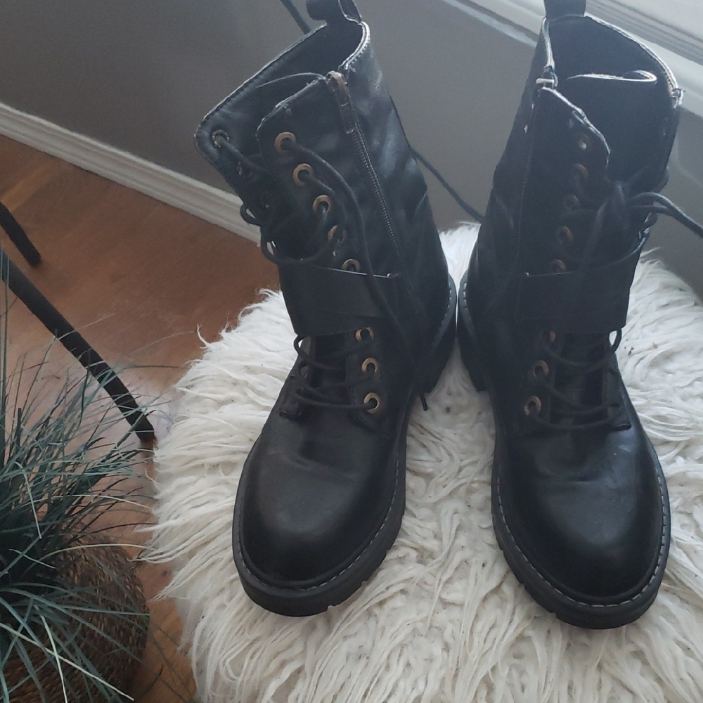 Seven7 Black Lace-Up Combat Boots with Side Zipper